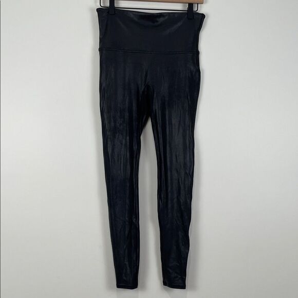 SPANX Faux Suede Shiny Black Leggings Women’s Large - Picture 1 of 7